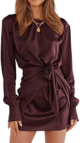 PRETTYGARDEN Women's 2023 Spring Satin Dress Long Sleeve Tie Waist Elegant Cocktail Party Mini Dresses (Brown Red,Small)