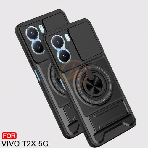 Image of Vivo T2X / Y16 / Y56 Back Cover | Armor Camera Slider 360 Degree Rotating Finger Ring Holder Case with Bracket Stand Back Case Cover (Compatible with MagSafe Accessories) (Black)