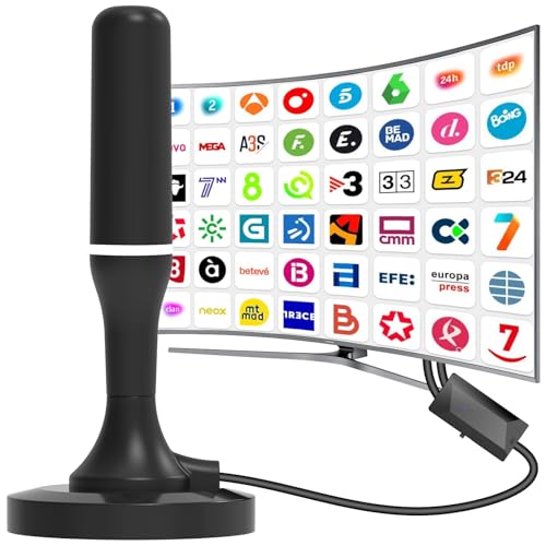 Antena TV Interior Potente, Antena TV Interior HD, Amplificador Ajustable, Recepción 360° de Largo Alcance, Base Magnética, Compatible 4K/1080p VHF/UHF DVB T/T2