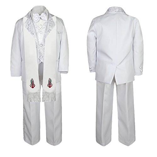 Image of Baby Boy Teen Christening White Paisley Suit Gold Guadalupe Mary on Stole SM-20