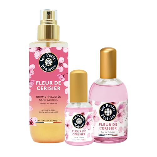 Trío Flor de Cerezo, eau de toilette 110ml y 30ml + bruma corporal 200ml, perfume mujer floral y almizclado, cofre regalo, Fabricado en Francia