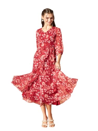 Image of Miss Chase Women's Multicolored Black Floral V-Neck 3 /4 Sleeve Wrap Chiffon Midi Dress