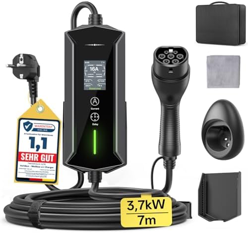Typ 2 Ladekabel Schuko 3,7kW 7M 6-16A, Tragbare EV Chargers Ladekabel Auto | 1-Phasig Ladekabel e Auto, Einstellbare Leistung & Zeit, IP65 Wasserdicht, LCD-Anzeige, Wallbox für All