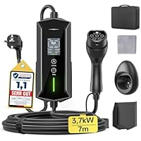 Typ 2 Ladekabel Schuko 3,7kW - 7m|6-16A|1-phasig Tragbare EV Ladegerät IP65 Wasserdicht mit LCD-Anzeige, Einstellbarer Ladeleistung, Einstellung Startzeit, für Allen EVs(IEC 62196-2) & PHEVS