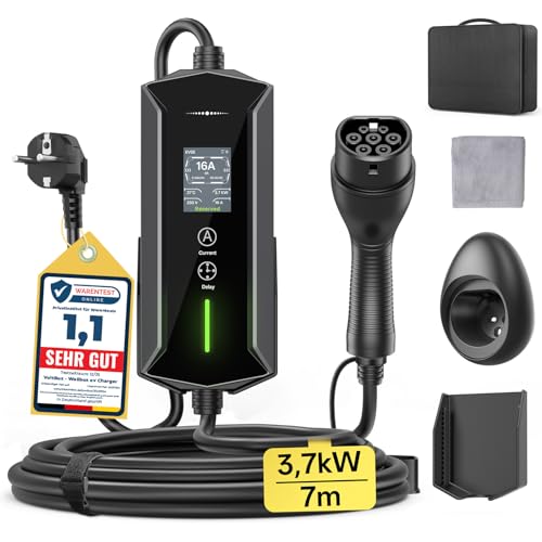 Typ 2 Ladekabel Schuko 3,7kW - 7m|6-16A|1-phasig Tragbare EV Ladegerät IP65 Wasserdicht mit LCD-Anzeige, Einstellbarer Ladeleistung, Einstellung Startzeit, für Allen EVs(IEC 62196-2) & PHEVS