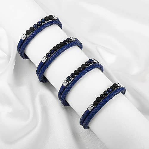 Ailetop Mens Bracelet Gifts Blue Tiger Eye, Blue Leather Natural Matte Agate Beaded Bracelets For Men Stress Relief Healing Bracelets For Men Mens Leather Bracelets Beads Jewelry Gifts For Men #TOP6