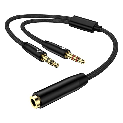 Headphone Splitter for PC, 3.5mm Female to 2 Dual Male 3.5mm Audio Splitter,1 in 2 Aux Microphone Mic Splittor,Headset Jack Adapter Cable Dongle Cord to PC Gaming Speaker Headphones Laptop Computer