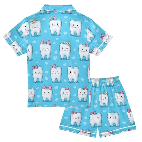 Satin Pajama Sets Short Sleeve Cute Teeth with Bows Button Down Silky Nightwear 2 Piece PJS 5-14Y2