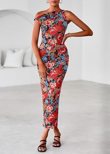 Lazysmile Summer Floral Maxi Dresses for Women One Shoulder Bodycon Mesh Elegant Formal Cocktail Wedding Guest Party Dress Red — view 4