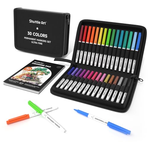 Shuttle Art Permanent Markers, 30 Assorted Colors Ultra Fine Point Permanent Marker Packed in Travel Case, Ideal Colored Markers Set for Adults Coloring Doodling on Plastic, Glass, Gift for
