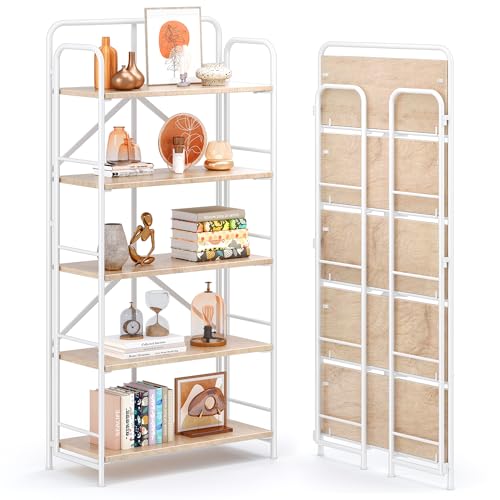 Image of 4NM No Assembly Folding Bookshelf, 5 Tiers Collapsible Book Shelves Open Industrial Foldable Storage Bookcase Shelf for Bedroom, Living Room, Home Office - Natural and White