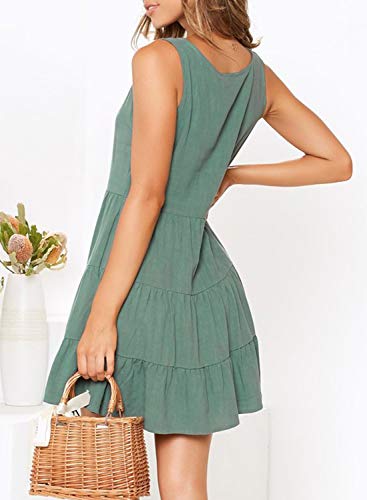 Mitilly Women's Summer Sleeveless V Neck Button Down Casual Pocket Swing Short Dress Small Light Green #TOP1