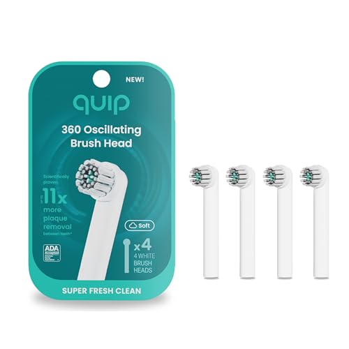 quip 360 Oscillating Electric Toothbrush Heads - 4 Pack - Verified quip Brush Head Refills for Oscillating Toothbrushes - Soft Bristles, Dual-Length, Compact - Last 3 Months Each - White