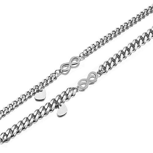 Jemant Couple Bracelet for Him and Her Silver Gold Plated Stainless Steel Cuban Chain Beaded Adjustable Elastic Heart Infinity Morse Code Bracelet for Husband Wife Girlfriend Gift, 7.08inch, Stainless