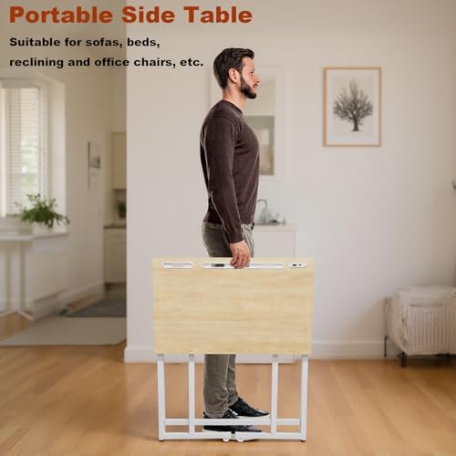 24"Wx 28"H Folding TV Tray for Eating, Foldable TV Dinner Table, Side Table Slide Under Couch, C-Shaped End Table with Devices Slot & Charging Stations, Small TV Tray for Living Room, Bedroom(Natural) - image 8