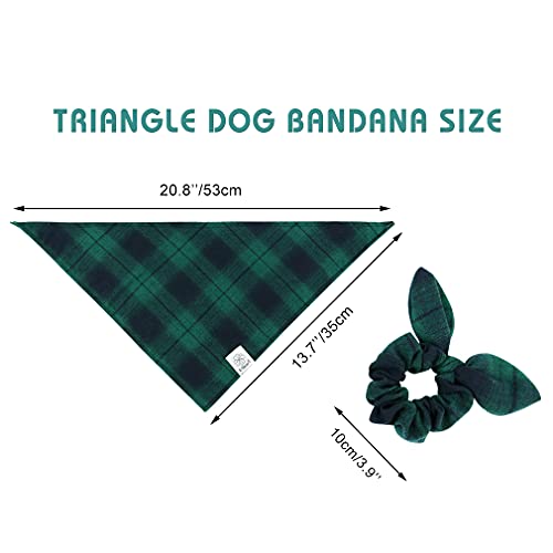 E-Clover Dog Bandanas & Matching Scrunchie Set Plaid Dog Bibs Scarf Boy Triangle Kerchief Bandana For Small Dogs Puppy Birthday Gifts Pet Owner Mom Green #TOP2