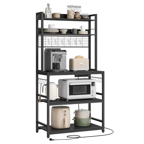 VASAGLE Küchenregal, Standregal mit Steckdosen, Mikrowellen-Regal, mit Gitterplatte, 14 Haken, 40 x 80 x 170 cm, anthrazitgrau-schwarz KKS025B32