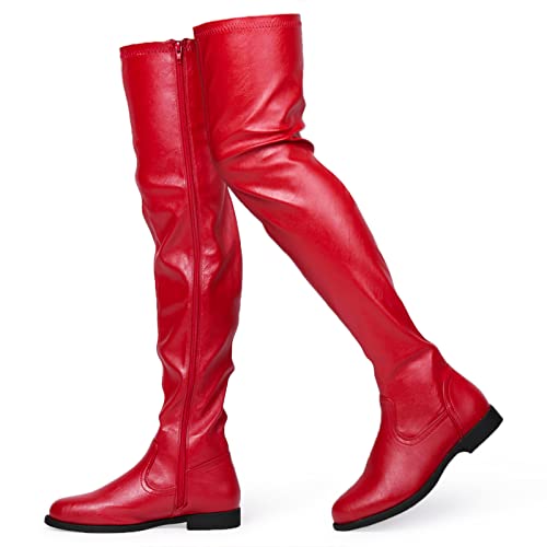 Tinstree Red Boots For Over The Knee Boots Leather Thigh High Boots For Women Wide Calf Flat Boots Knee High Sloch Boots Size,09 #TOP2
