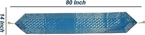 Image of Traditional Brocade Silk Table Runner for Living Room 4 to 6 Seater Dining Table Runner Elephant End Tassels 14x80 Inches (Turquoise)