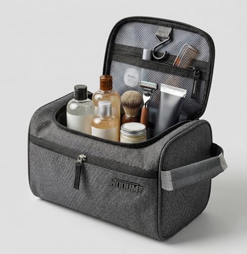 Image of Wooum Travel Toiletry Bag for Men | Water-Resistant Bathroom Organizer with Hook | Compact Khadi Fabric Dopp Kit with Zipper & Mesh Pockets - Ideal for Travel, Gym & Daily Use (Grey)