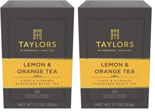 Image of Taylors of Harrogate Lemon & Orange, Black Tea, Individually Wrapped Bags, Citrussy, Fragrant and Light, Caffeinated, Enjoy Hot or Iced, 20 Teabags (Pack of 2)