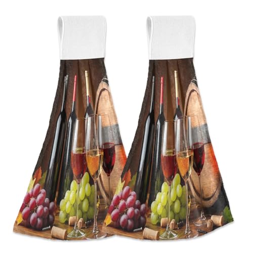 Aslsiy Wooden Wine Hanging Kitchen Towels Grape Floral Retro Bathroom Hand Tie Towel Fast Drying Dish Tea Towels for Bath Tabletop Gym Home Decor Set of 2