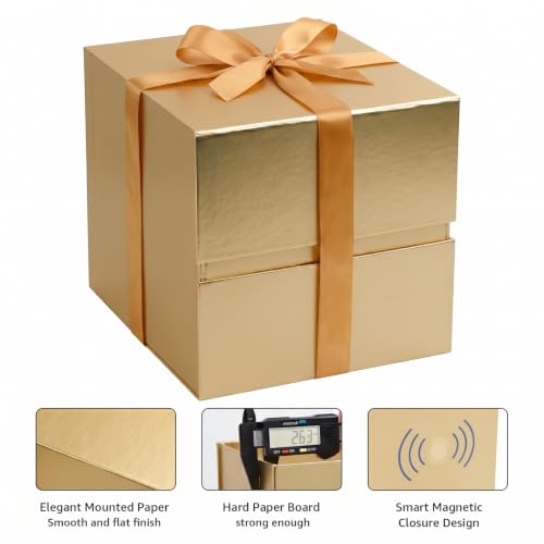 Image of LIFELUM Gold Square Gift Box with Magnetic Closure 8.6 x 8.6 x 8.6 inch, 1 Pack Luxury Gift Box Includes Ribbon, Card, Shredded Paper Filler for Graduation, Birthday, Wedding Gifts