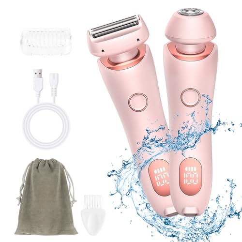 AOGOE Afeitadora Eléctrica para Mujer, 2 in 1 USB Recargable Eléctrico Depiladora sin Dolor, Recortadora Femenina Electrica IPX7 Impermeable, Rasuradora Mujer para Cara, Axila, Pierna, Bikini (Rosa)
