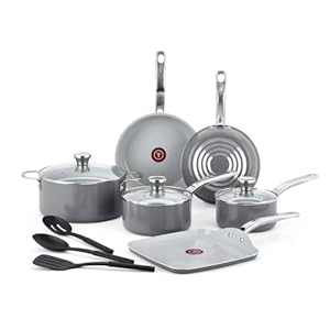 T-fal Fresh Gourmet Recycled Ceramic Nonstick Cookware Set, 12 Piece, Oven Broiler Safe 500F, Lid Safe 350F Pots and Pans, Grey