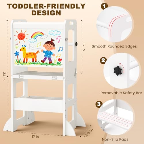 Image of Woodure 4-in-1 Toddler Kitchen Step Stool, Learning Standing Tower with Whiteboard, Wooden Kitchen Stool Helper for Kids, 1-3 Year Old Boy Girl Gifts-White