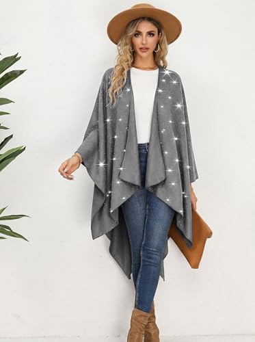 Image of Womens Rhinestones Open Front Poncho Shawl Wrap Cape Ruana Travel Blanket Cardigan
