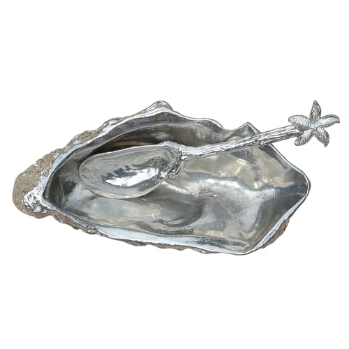 Les Étains de Jumilhac Salière ou Poivrière en Forme de Coquille de Huitre, Bol à Épices, avec Cuillère en Forme de Moule, Faite Main en Etain. Fabrication Artisanale Francaise, par William Sturt