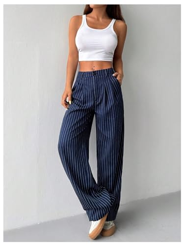 OYOANGLE Women's Striped Buttoned Zipper Fly Trousers High Waisted Straight Leg Casual Suit Pants4