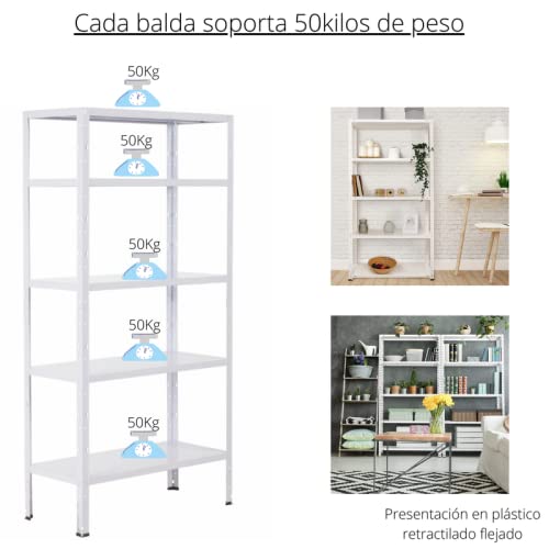 Estantería Metálica Modular Blanca 5 Baldas 170x75x30 cm, Capacidad 250 kg, Estantería de Almacenaje para Garaje, Trastero, Taller, Almacén, Despensa y Oficina