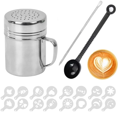 Coffee Sprinkles Powder Set - Includes 16 Stencils, 1 Latte Art Pen, and 1 Measuring Spoon for Kitchen Baking and Cappuccino