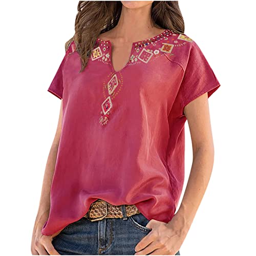 Womens Summer Tops V Neck Vintage Ethnic Print Short Sleeve T Shirt Ladies Casual Tunic Blouse Graphic Tees for Daily