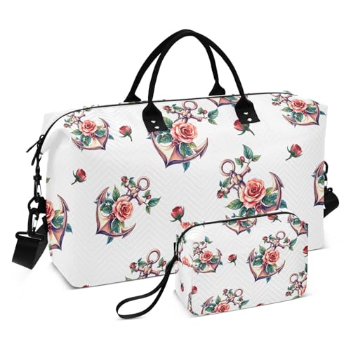 Travel Gym Bag, Rose Navigation Pattern Weekender Overnight Duffle for Women with Toiletry Bag Travel Swim - Main Image