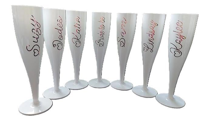 Personalised Plastic Glass, White Champagne Flute, 175ml, Bride, Bridesmaid, Hen Do, Wedding Favours, Baby Shower