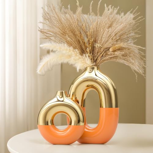 Orange Gold Ceramic Vase Home Decor,Mid Century Modern Centerpiece Table