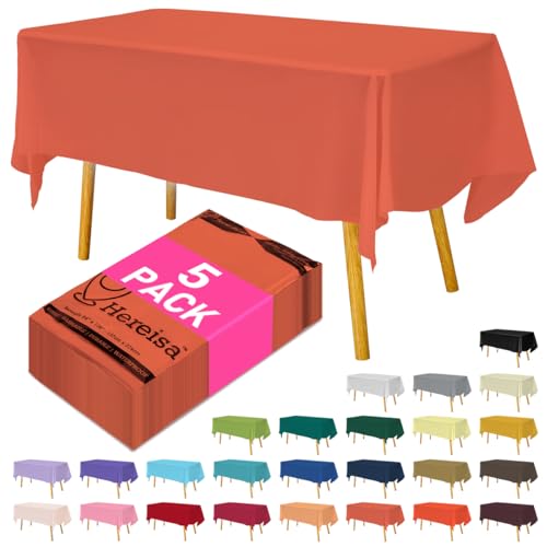 Hereisa Disposable Plastic Tablecloth Coral 54x108 Inch, 5-Pack Waterproof Rectangular Table Cover for Parties, Picnics, Dining Protection