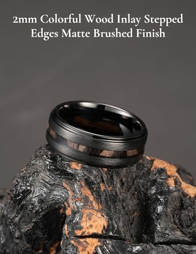 Image of King Will Nature Koa Wood Inlay Tungsten Carbide Wedding Ring 8mm Silver /Black /Gold /Green /Rose Gold /Blue Wedding Band for Men High Polished Anniversary Rings Comfort Fit Size 6-15