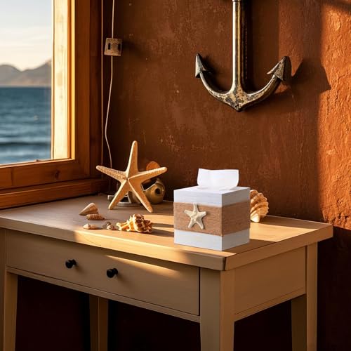 Beach Tissue Box Cover, Rustic White Wood Tissue Box Cover, Beach Decor, Coastal Decor, Farmhouse Bathroom Accessories Starfish Decor Tissue Holder with Slide-Out Bottom Panel for Home (White) - Image 5
