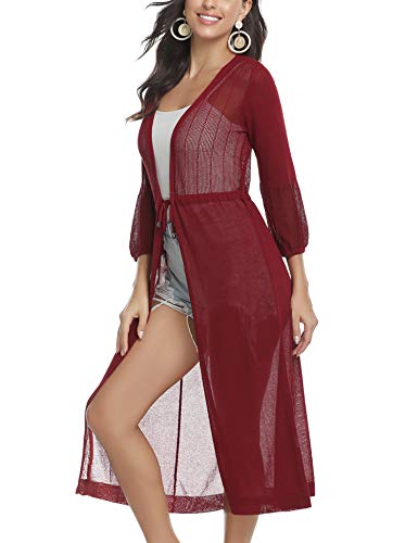Aibrou Long Sleeve Cardigan Sweater Casual Open Front Draped Kimono Coat Loose Knit Cover Up Tops Wine Red - Thumbnail 6