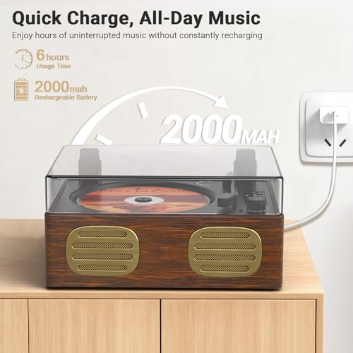 Image of Retro Bluetooth CD Player with Speakers, Portable Desktop Music Player with Headphone Jack, USB /AUX, Rechargeable, Vintage Wood Design Gift for Women Bedroom Decor, No Remote Control (Walnut)
