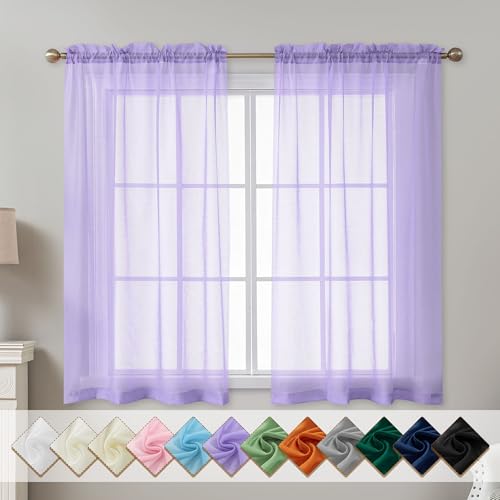 Image of Purple Sheer Curtains 54 Inch Length, Privacy Semi Sheer Curtains for Dining Room Kitchen, Light Filtering Rod Pocket Voile Window Drapes 2 Panels Set, Each 42 inch W x 54 inch L