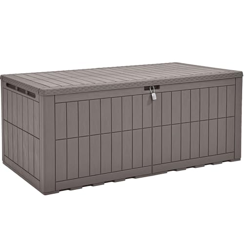 YITAHOME XL 200 Gallon Large Deck Box Waterproof Resin Outdoor Storage Box with Lock and 3-Person Bench Seating for Patio Furniture Cushions Garden Tools & Pool Accessories Light Brown