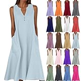 GOHRSHA Graduation Dresses Summer Elegant Midi Dresses for Women Flowy Sleeveless Linen Dress with Pockets Notched V Neck Button Trim Sundresses