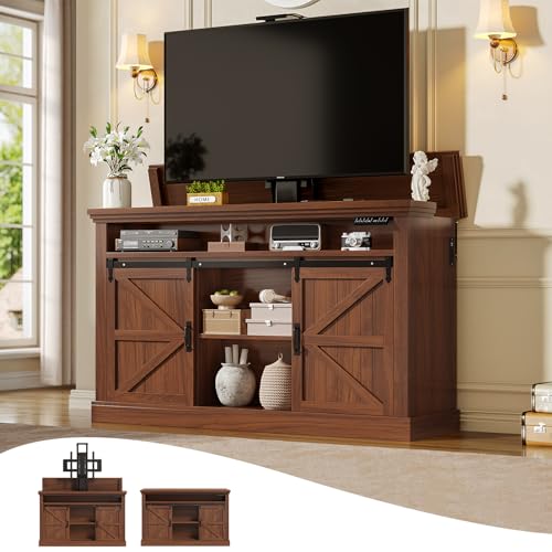 Itaar Motorized TV Lift Cabinet for 55-60” TVs, Farmhouse TV Stand, Entertainment Center with Storage Cabinets & Sliding Barn Doors, TV Media Console Table with Charging Station for Living Room, Brown