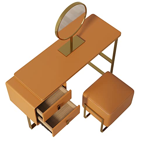 Tiflon Modern Makeup Vanity Set,Dressing Table With Mirror And Stool, Vanity Desk And Chair,Vanity Benches With 2 Solid Wood Drawer,Pu Leather,Metal Frame,Side Cabinet,47.24" (Orange) #TOP3
