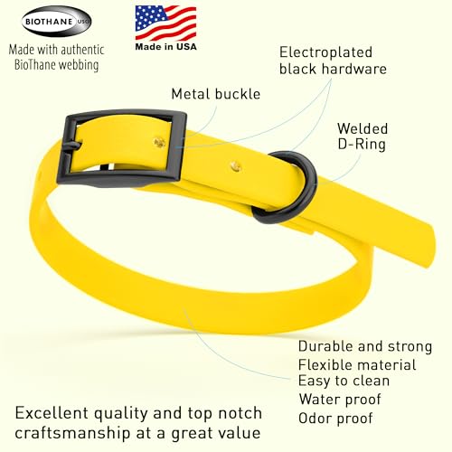 Image of Dogline Biothane Waterproof Dog Collar Strong Coated Nylon Webbing with Black Hardware Odor- Proof for Easy Care Easy to Clean High Performance Fits Small Medium or Large Dogs, Lemon Yellow